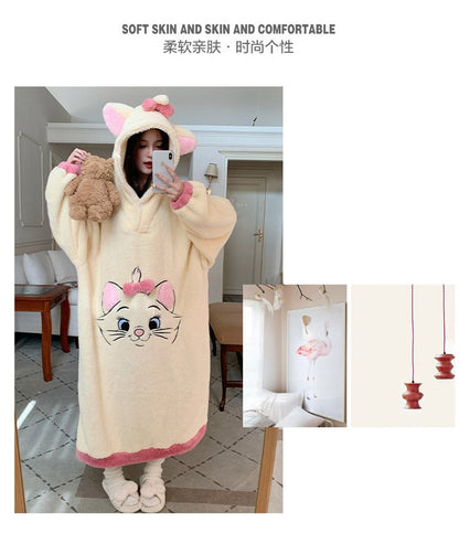 Camisola de Gatinha Marie da Disney Kawaii Desenho Animado Feminino Inverno Veludo Coral Longo Veludo Grosso Solto com Capuz Robe de Banho