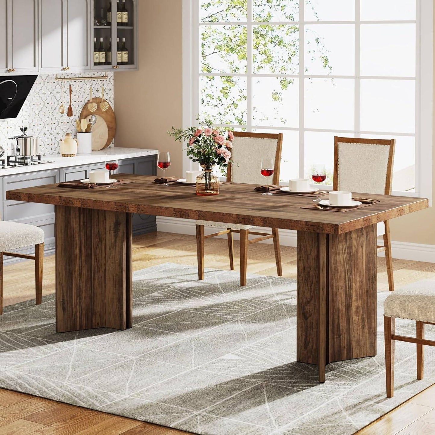 Rectangular Farmhouse Dining Table for 4-6 People, Spacious Tabletop for Kitchen and Dining Room