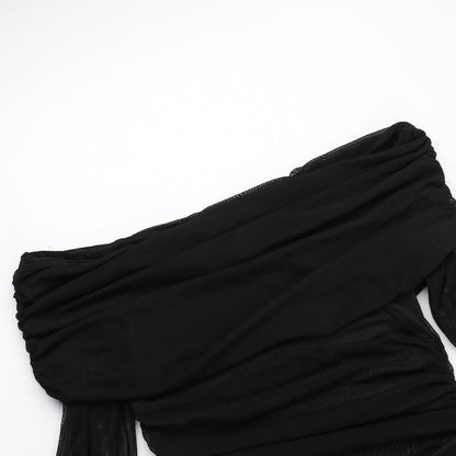 Y2k Summer New Solid Color Long Sleeve Off Shoulder Dresses Sexy Wrap Hip Mesh S