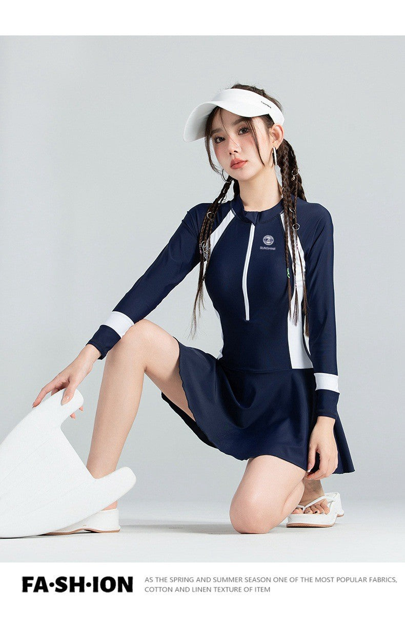 Black and White Color Matching One-piece Sports Small Chest Gathered To Cover The Belly Weight Swimming Sun Protection Swimsuit