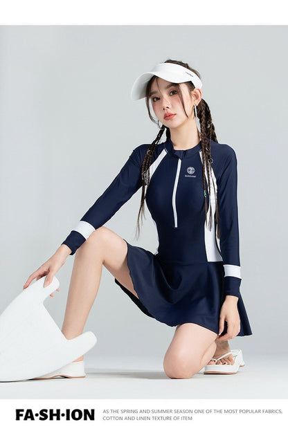 Black and White Color Matching One-piece Sports Small Chest Gathered To Cover The Belly Weight Swimming Sun Protection Swimsuit