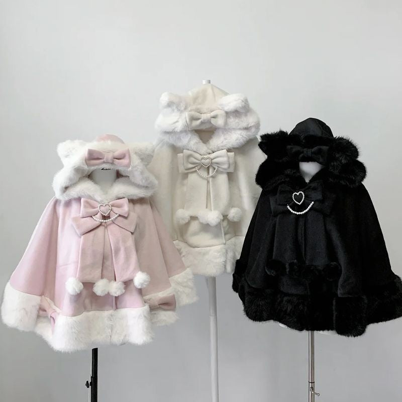 2025 Winter New Lolita Shawl Overcoat Women Design Bow Hooded Patchwork Kawaii Cope Coat Female Warm Chic Sweet Christmas Coat