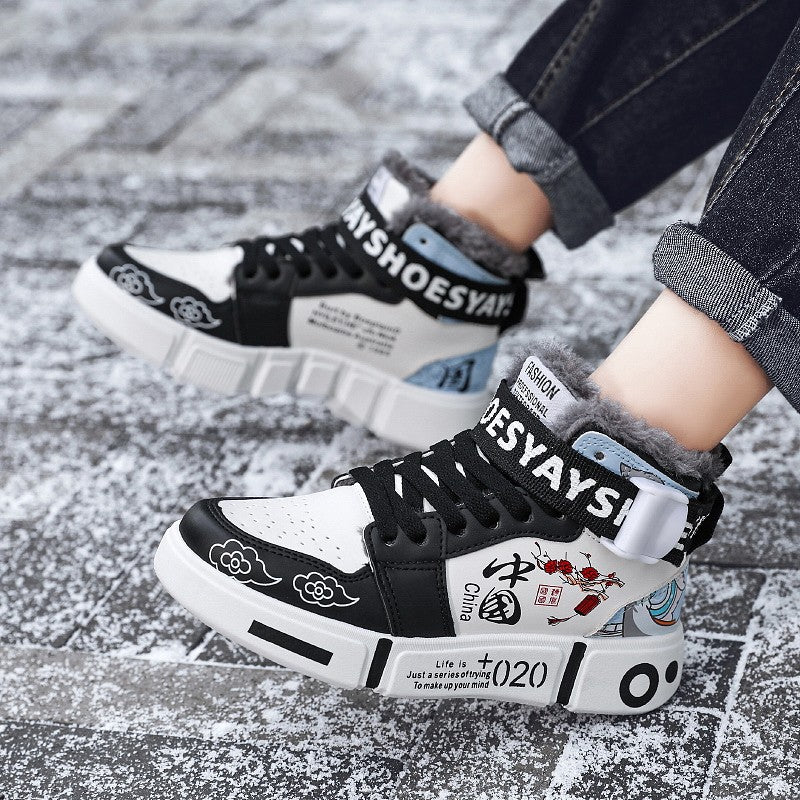 Mens Board Shoes 2025 Winter New High Top Winter Warm Casual Sports Shoes Flat Cotton Comfortable Outdoor Walking Shoes for Men