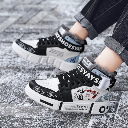 Mens Board Shoes 2025 Winter New High Top Winter Warm Casual Sports Shoes Flat Cotton Comfortable Outdoor Walking Shoes for Men