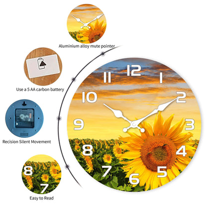 1pc wooden wall clock, Sunflower Garden design wall clock at sunset, round silent clock, for living room bedroom, room decoratio