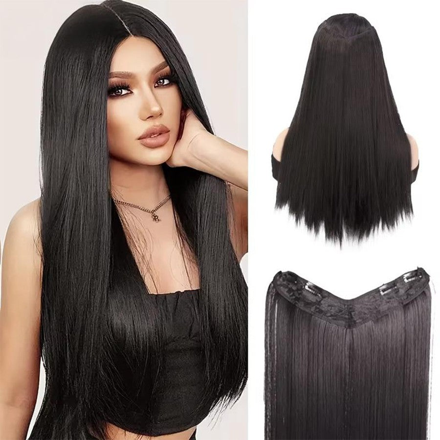 Peruca sintética longa reta em V com meia cabeça adequada para mulheres com cabelo preto e castanho, com presilha, preta, castanha, natural