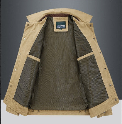 Autumn Khaki Men's Collared Long-Sleeve Jacket, Army Green Casual Outerwear, Navy Blue Loose-Fit Top Coat.