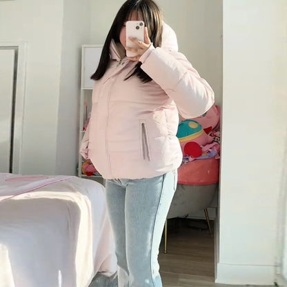 Pink Women's Jacket With Hat Zipper Pockets Inner Faux Fur Solid Female Jackets 2025 Autumn Winter Fashion Chic Lady Outwears