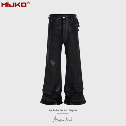 MIJKO Black Wax Leather Strecth Jeans for Men Women Baggy Flare Pants Oversized Straight Denim Trousers ZJ004