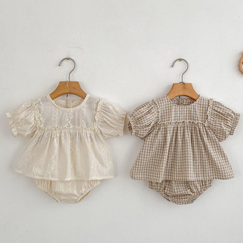 Girls Summer Fashion Set Children's Embroidered Grid Puff Sleeve Top+Shorts Two Piece Cute Baby Girls Clothes Set Baby Clothes