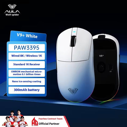 Mouse Gamer sem Fio Aula V9 Ultra E-sports Duplo 8k 3 modos PAW 3950 8k 55g Leve Ergonômico Acessório Personalizado para PC