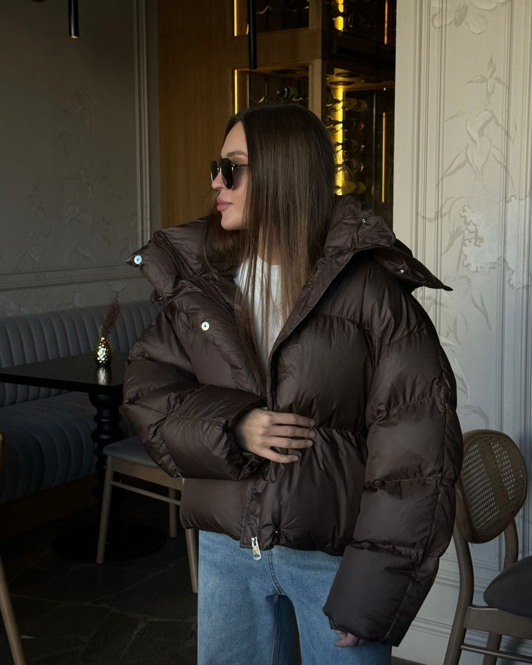 Women Brown Hooded Cotton Coat Fashion Lapel Full Sleeve Zipper Button Warm Loose Short Coats Lady Winter Casual Street Outwear