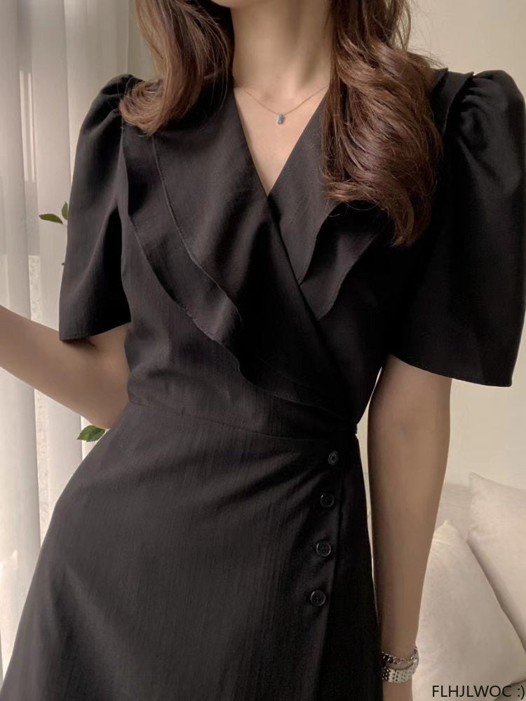 South Korea Chic Midi Dress Women Summer Japan Style Retro Vintage Design Ruffle