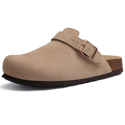 Comwarm Cow Suede Women Clogs With Adjustable Buckle Cork Footbed Leather Mules Comfort Slip on Women Slippers Summer Cork Clogs