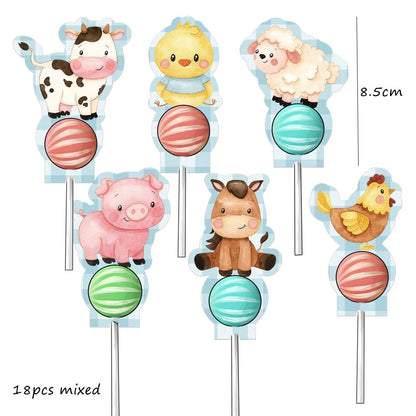 18PCS Farm Animal Lollipop Cards Carton Candy Paper Holders For Kids Baby Shower Happy Birthday Party Candy Packaging Supplies