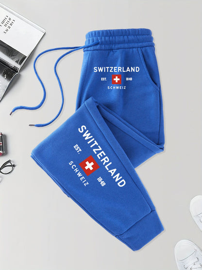 Suíça Fundada em 1848 Estampas Calças Esportivas Masculinas Bolsos Calças Outono Britches Cintura Elástica Calças de Moletom Esportivas Calças de Rua Modernas Unissex