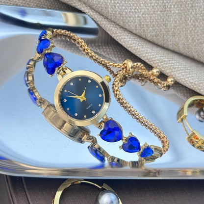 Ladies' quartz watch with three heart-shaped diamond-encrusted bracelet round alloy case and mixed scale simple light luxury