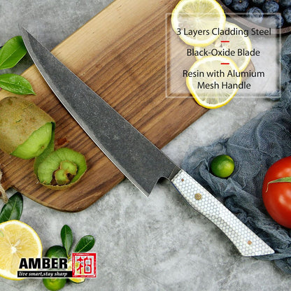 Conjunto de 3 facas de cozinha japonesas afiadas Damascus para Chef e Nakiri, lâmina de aço revestida de 3 camadas com cabo de resina e espaçador G10