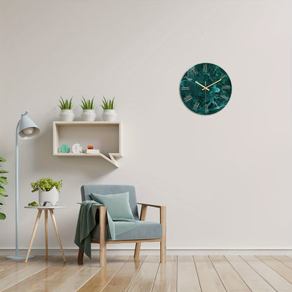 Creative Stylish Dark Green Marble Texture Pattern Tempered Glass Wall Clock Living Room Bedroom Kitchen Home Decoration Wall Clock Silent Quartz Clock Holiday Gift 12 Inches 14 Inches 16inch (Without Batteries)