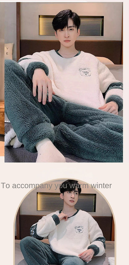 Thickened Warm Sleepwear for Winter Coral Velvet Autumn and Winter Men Flannel Loungewear Large Size 2 Piece Set Homewear