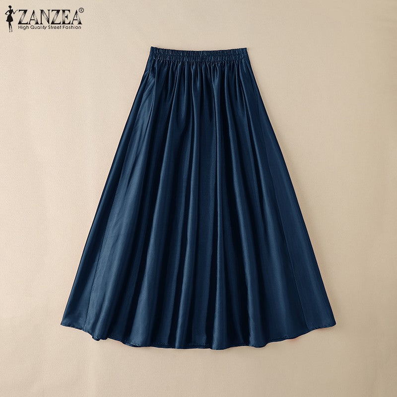 2025 Stylish Autumn High Waist Party Satin Skirts ZANZEA Women Jupe Plus Size Solid A-line OL Work Faldas Saia Maxi Long Skirt