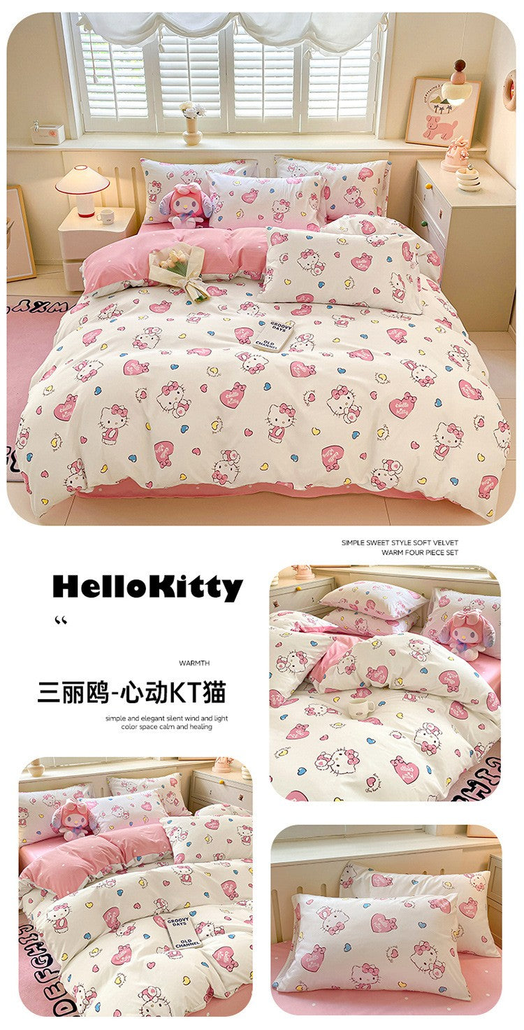 New Sanrio Hello Kitty Bedding Set Cotton Kuromi Melody Bedding Double Pillowcase Bed Linens Girl Dorm Bedclothes Home Textile