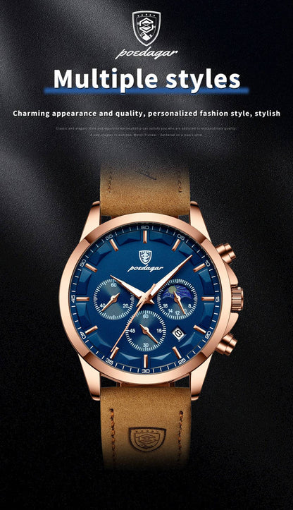 POEDAGAR Sports Luxury Men Quartz Watch Waterproof Chronograph Luminous Date Man Wristwatch Business Leather Men's Watches Clock
