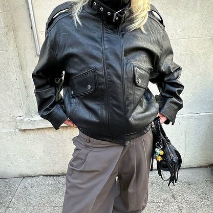 Fashion PU Leather Stand Up Coat for Women Casual Long Sleeve Zipper Lady Jackets 2025 Autumn New Female Outerwear High Street