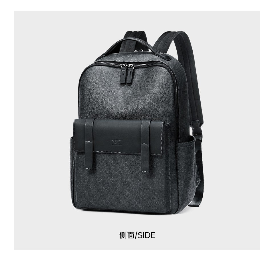 Septwolves Luxury Leather Backpack for Men Monogram Printed Stylish Laptop Backpack 15 Inch Travel Bag Black Business Backpack