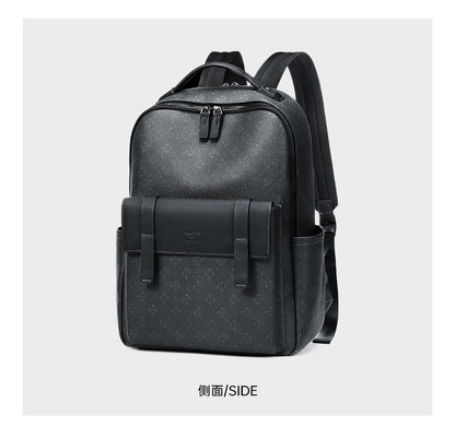 Septwolves Luxury Leather Backpack for Men Monogram Printed Stylish Laptop Backpack 15 Inch Travel Bag Black Business Backpack