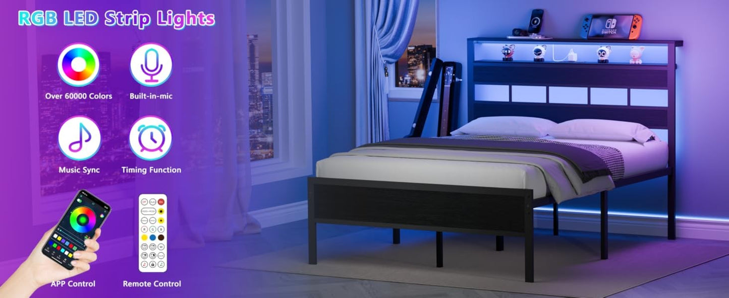 Sleek Full Size Bed Frame with Glowing LED Lights & USB Charging Station | Modern Storage Headboard