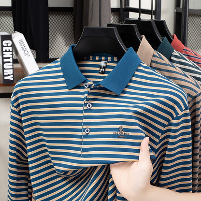 2025 New Lapel Striped T-shirt Men's Long Sleeved Spring and Autumn New Top Casual Polo Shirt Men