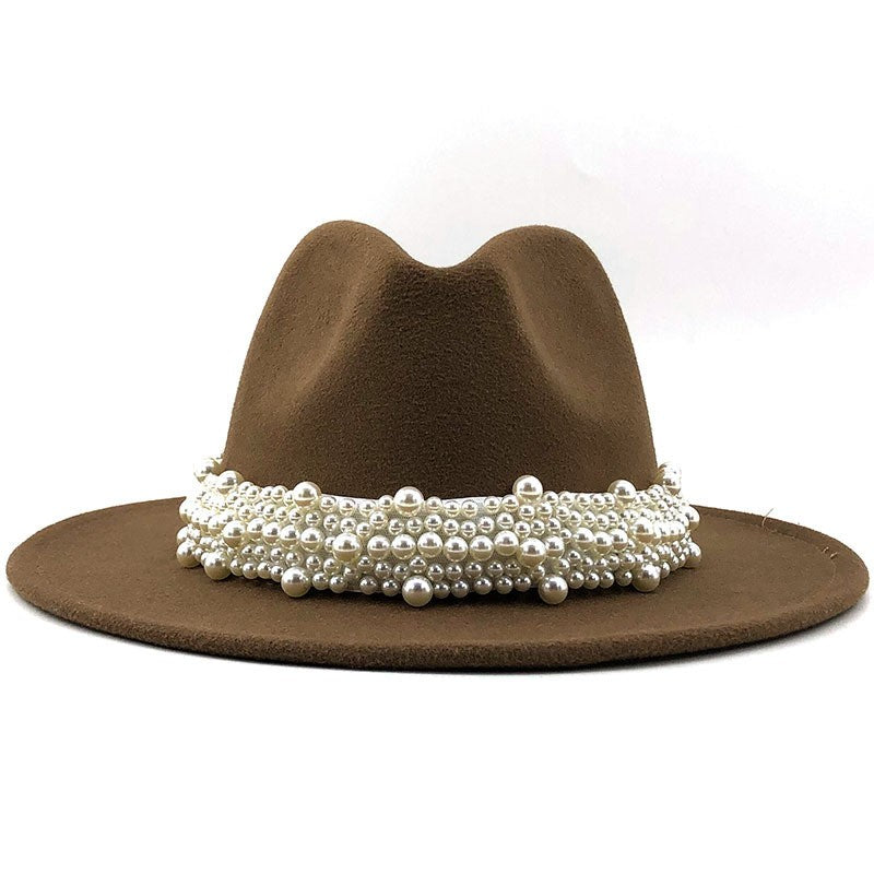 Chapéu Fedora De Lã Feminino Masculino Com Fita De Pérolas Cavalheiro Elegante Senhora Inverno Outono Aba Larga Igreja Panamá Sombrero Boné De Jazz 60CM