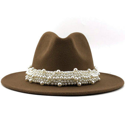 Chapéu Fedora De Lã Feminino Masculino Com Fita De Pérolas Cavalheiro Elegante Senhora Inverno Outono Aba Larga Igreja Panamá Sombrero Boné De Jazz 60CM