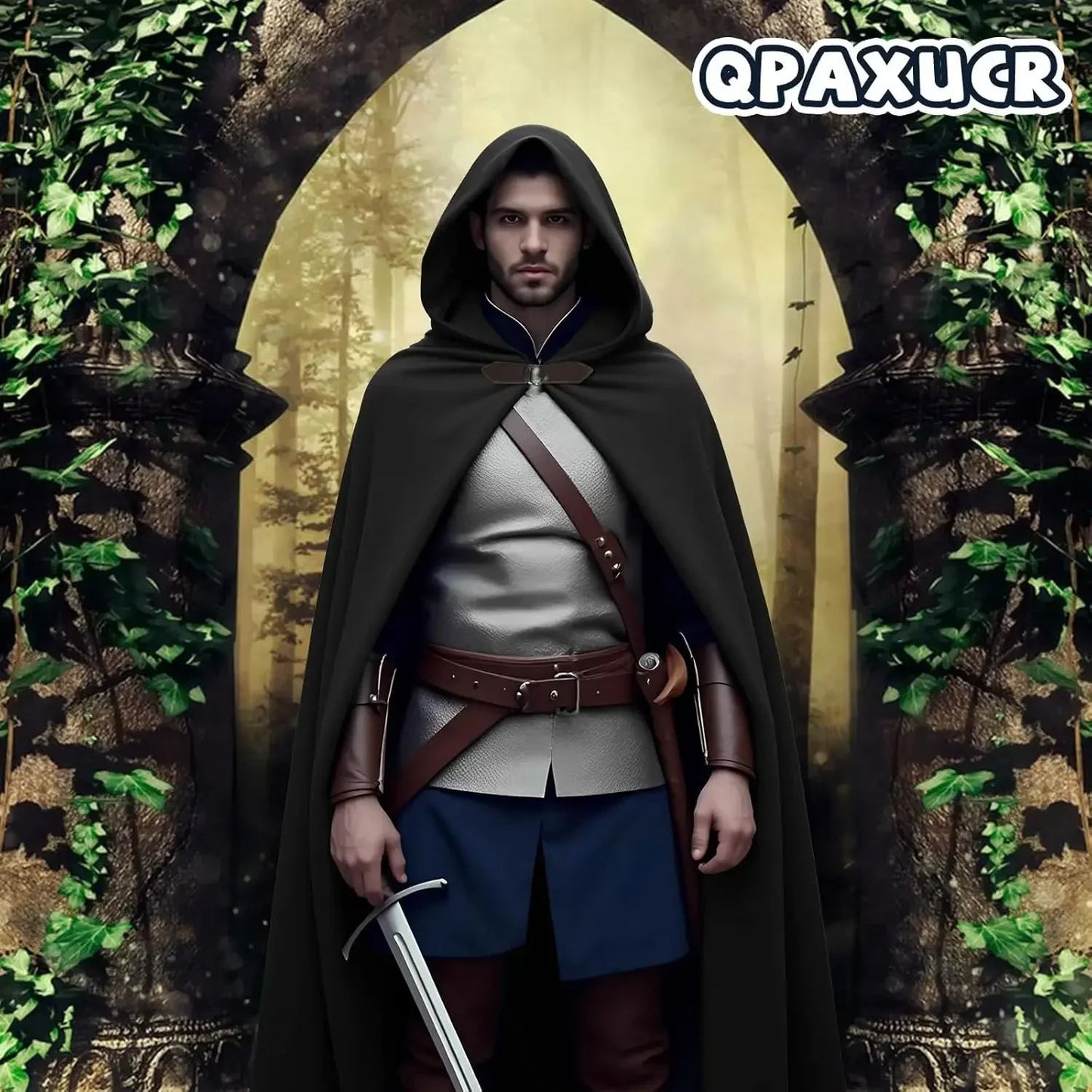 Cloak with Hood Men?Medieval Costume Men Round Metal Buckle Cloak with Green Leaf Brooch Necklace for Halloween