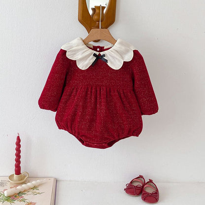 Newborn Christmas Red Clothes Autumn Kids Baby Girls Sweet Petal Collar Princess Rompers Infant New Baby Girls Rompers Clothes