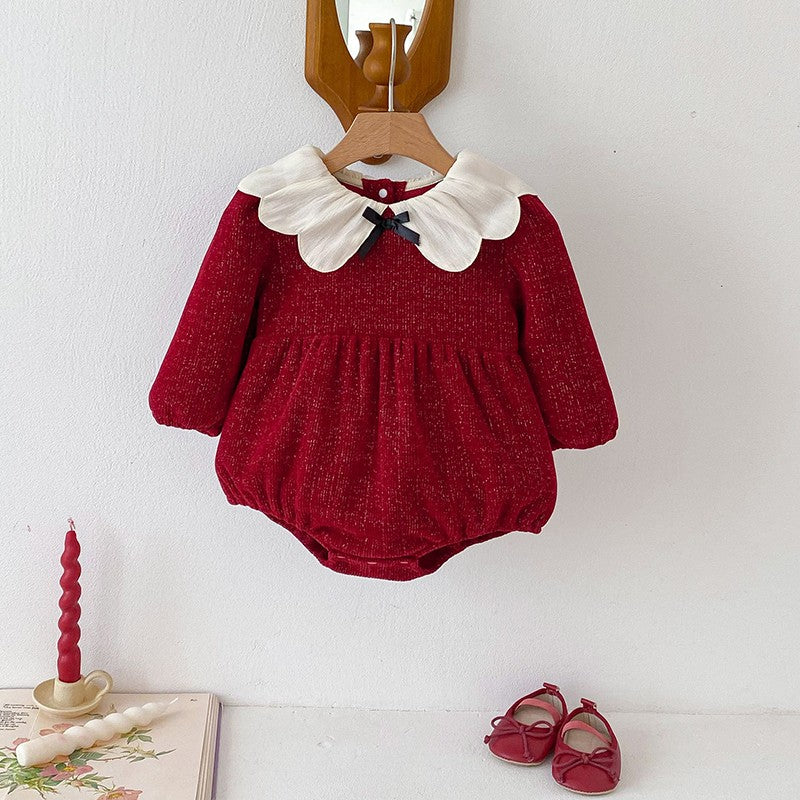 Newborn Christmas Red Clothes Autumn Kids Baby Girls Sweet Petal Collar Princess Rompers Infant New Baby Girls Rompers Clothes