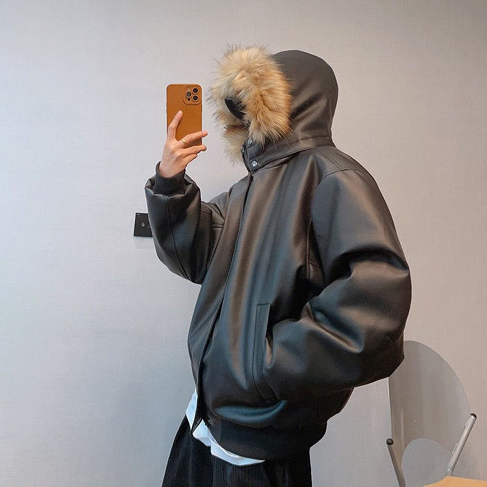 Winter American retro fashion brand handsome all-match warm detachable hat heavy PU leather cotton coat thickened jacket for men