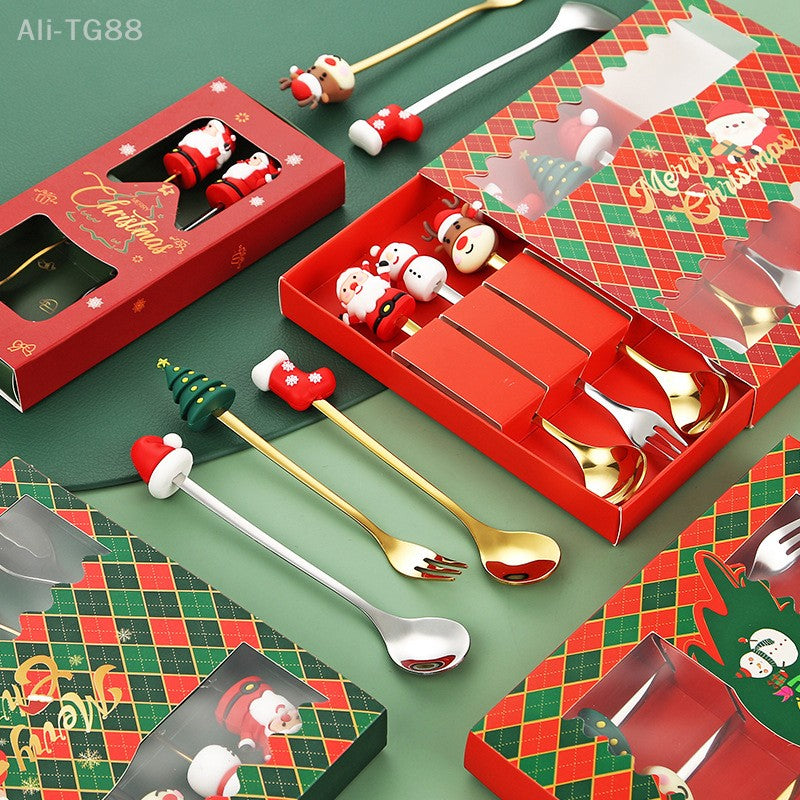 Stainless Steel Christmas Fork And Spoon Set with Gift Box for Coffee Tea Dessert Tableware