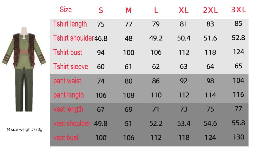 Anime Dragon Hiccup Cosplay Costume Green T Shirt Pant Brown Vest  Set Halloween Fancy Dress for Man