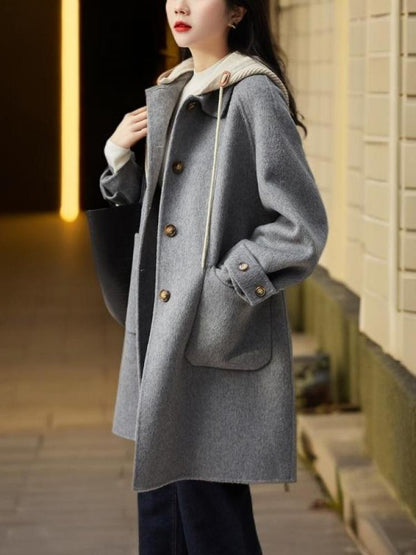 New Women Double-sided Cashmere Coat Female Solid Long Hooded Single Breasted Warm Woolen Coats Loose Tide Autumn Winter