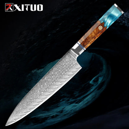 XITUO Damascus Steel Knife Set 1-9PCS Japanese Chef Knife, Santoku, Bread, Utility & Boning Knives-Ultra Sharp, Octagonal Handle