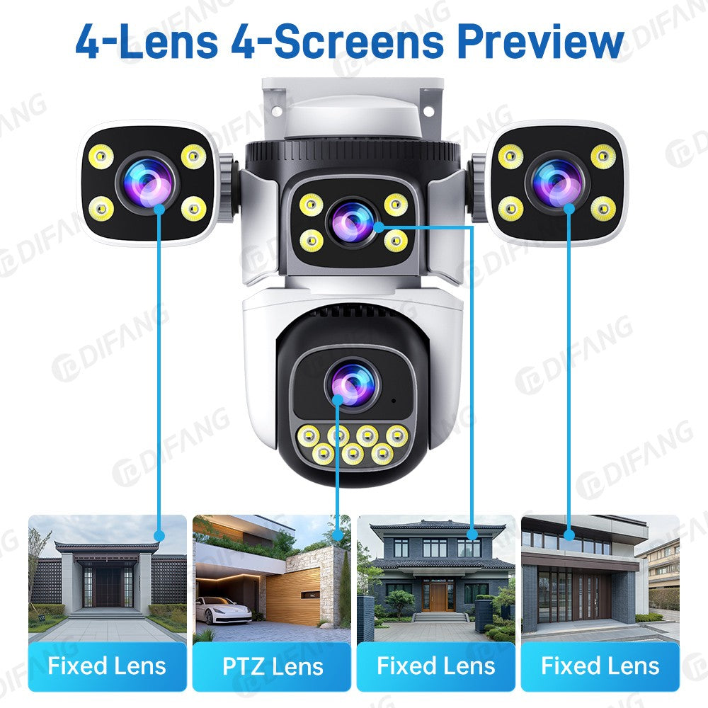 DIFANG 20MP 4 Screens WiFi Security Camera Outdoor 5X  Zoom Quad Lens Auto Tracking Waterproof Night Vision CCTV Cameras