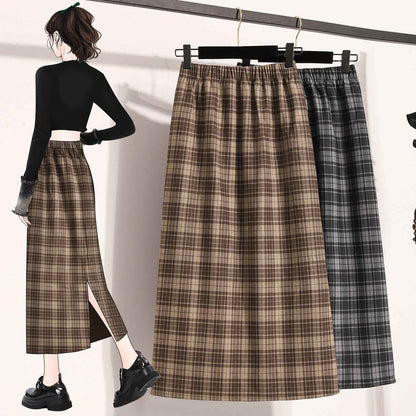 Plus Size Skirt Women 2024 Autumn Winter High Elastic Waist A Line Gray Or Khaki Plaid Skirt Korean Casual Long Skirts Womens
