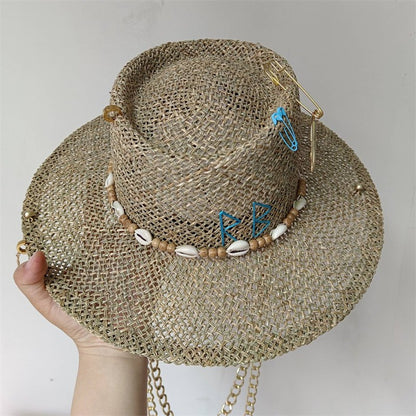 Chapéu de Palha Corrente Punk 2023 Novo Chapéu de Sol Acessórios Corrente Dourada Jazz Hip Hop Chapéu de Verão Estilo Punk Chapéu de Praia Chapéu de Igreja