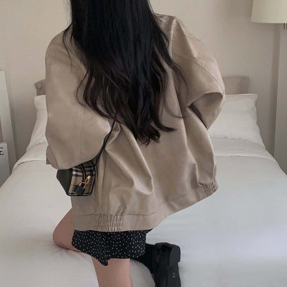 Sli Loose PU Leather Jaet Women's Chic Retro Collar Versatile BF Sle Motorcycle Clothes Trendy Long Sve Zipper