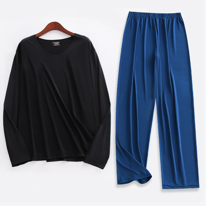 Plus Size 5XL Men Ice Silk Pajama Set Solid Long Sleeve Tops and Pants Sleepwear 2pcs Sets Soft Comfy Lounge Home Nightwear Male