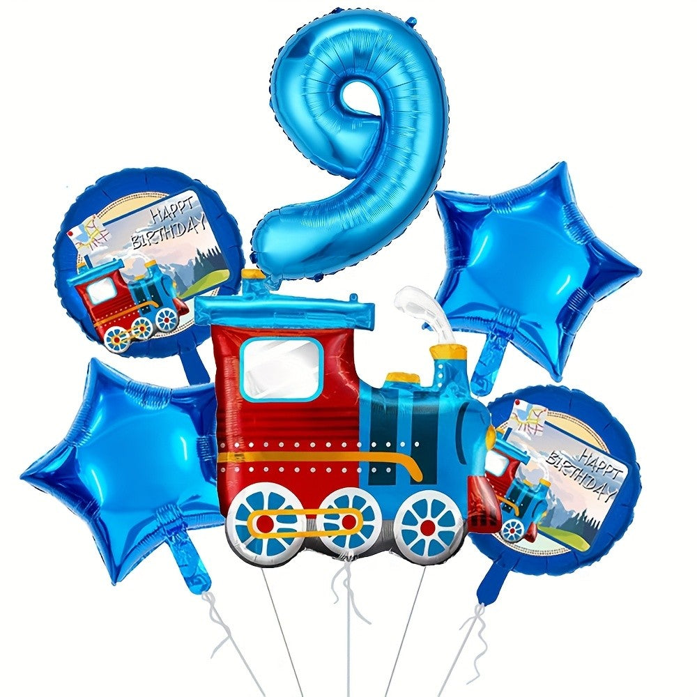 6pcs Retro train Balloon Set Blue Digital 0-9 Foil Balloon Cartoon Train Balloon Birthday Party Decoration Supplies Baby Shower