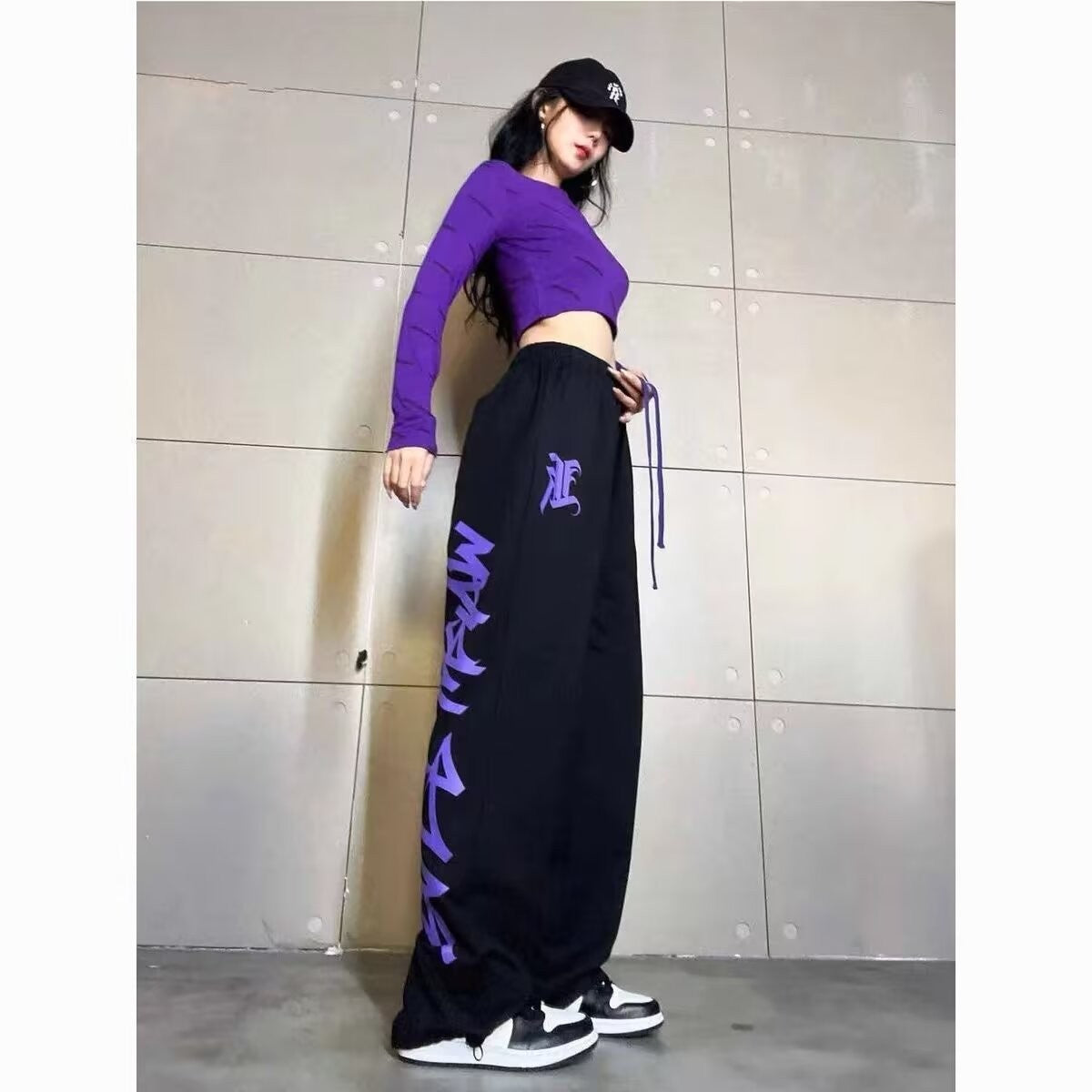 hiphop plus-size sweatpants female jazz dance dance pants American hiphop high waist wide leg drawstring casual sports pants