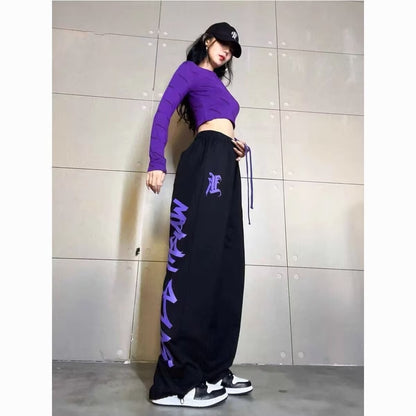 hiphop plus-size sweatpants female jazz dance dance pants American hiphop high waist wide leg drawstring casual sports pants